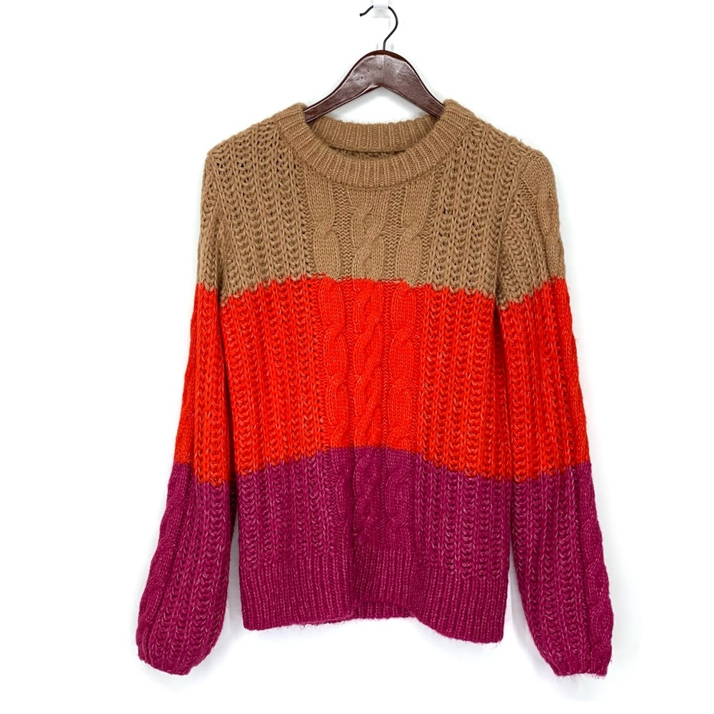Vero Moda Cozy Soft Wide Cable Knit Vibrant Colorblock Striped Crewneck Sweater